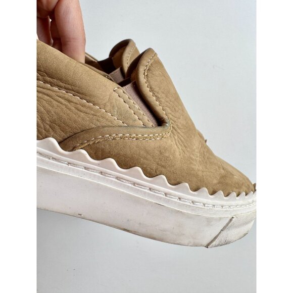 CHLOE Lauren Olive Green Nubuck Leather Scalloped Slip On Sneakers, Size 35 - Picture 5 of 16